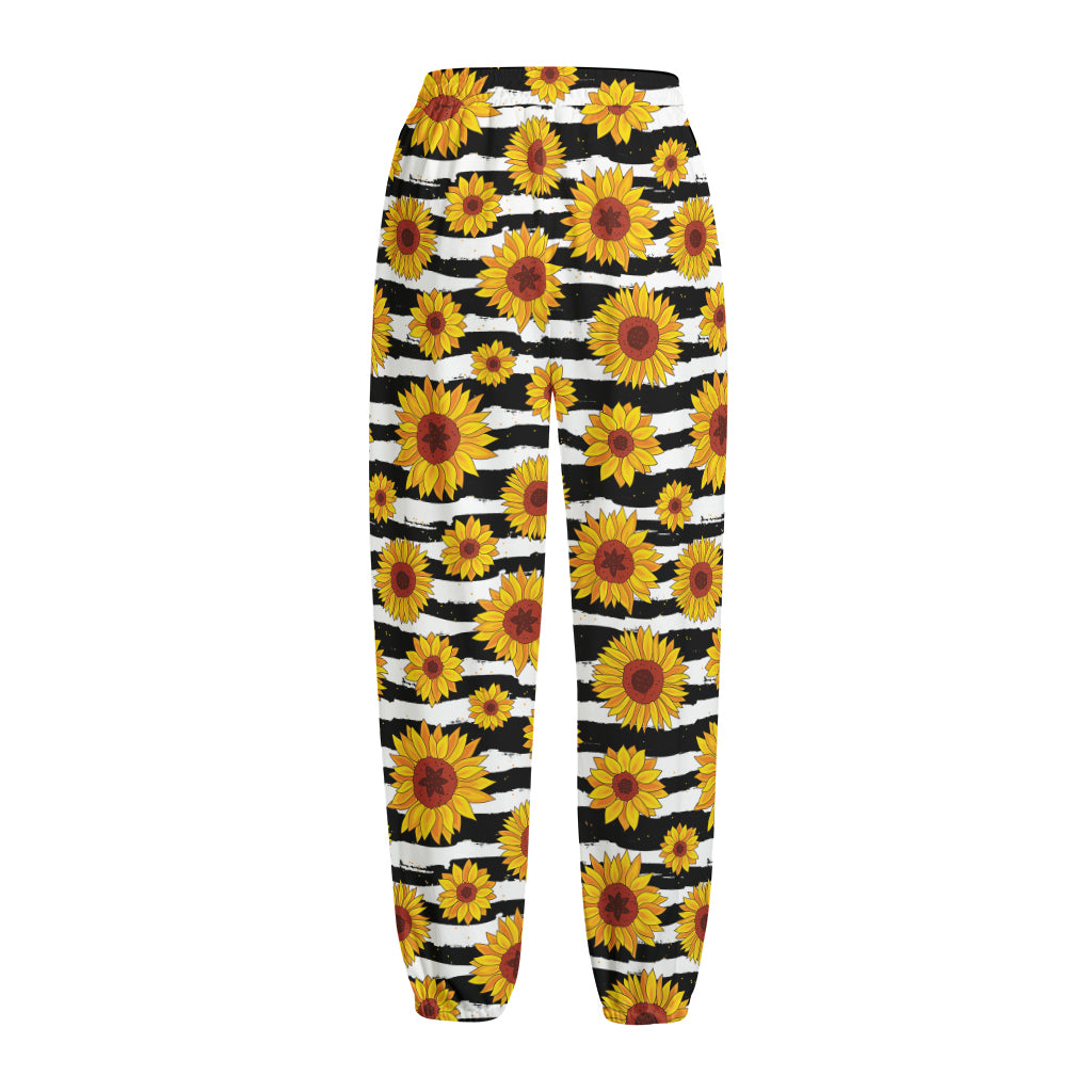 White And Black Stripe Sunflower Print Fleece Lined Knit Pants