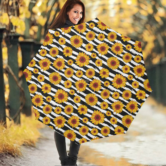 White And Black Stripe Sunflower Print Foldable Umbrella