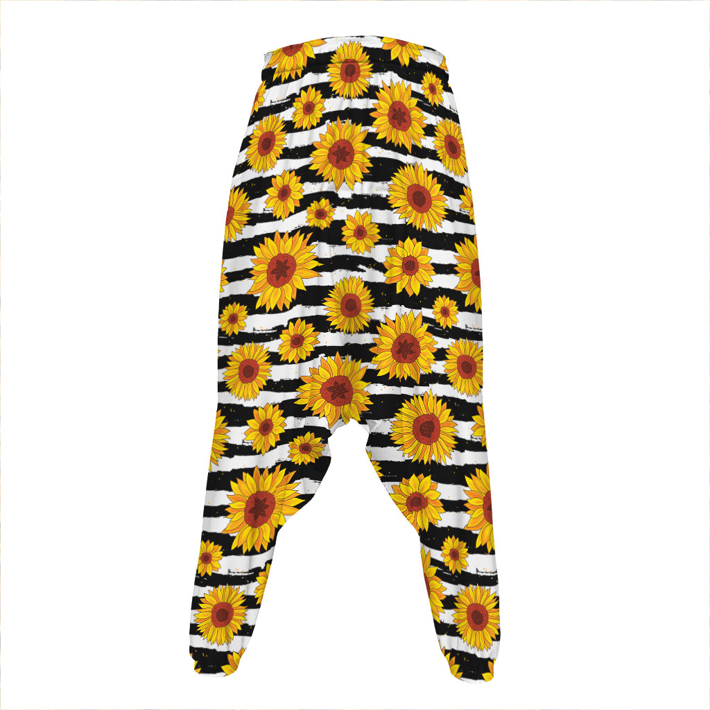 White And Black Stripe Sunflower Print Hammer Pants