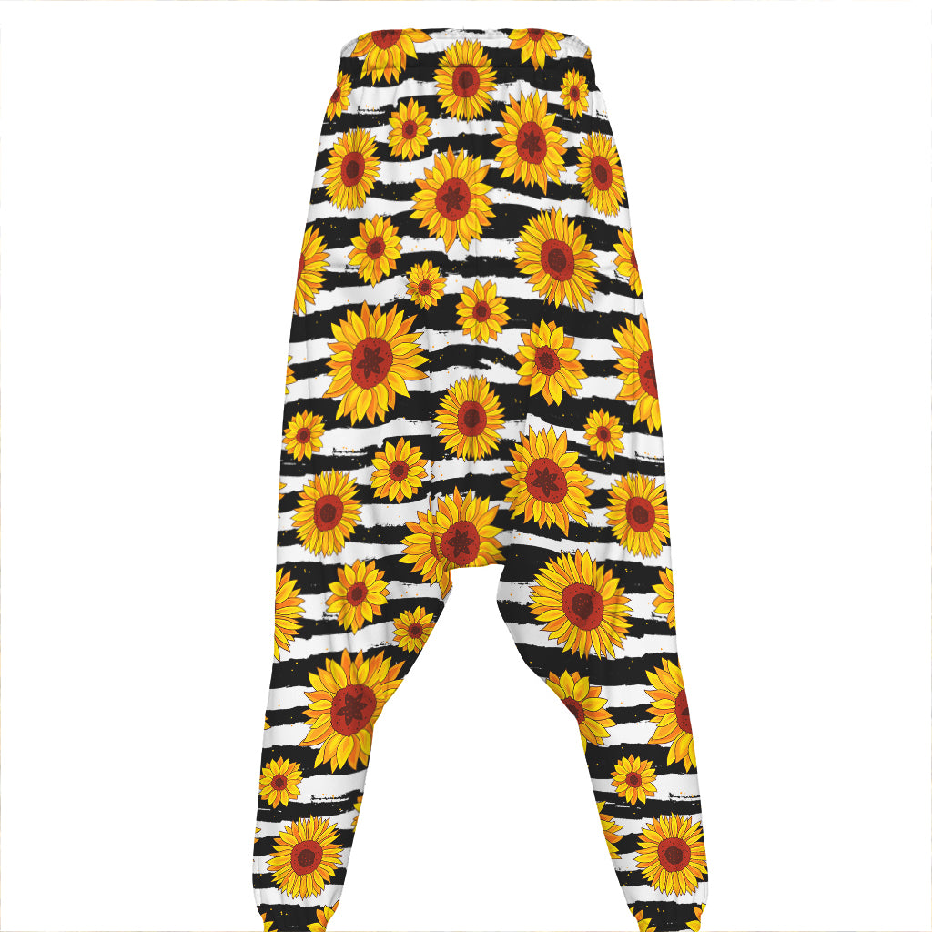 White And Black Stripe Sunflower Print Hammer Pants