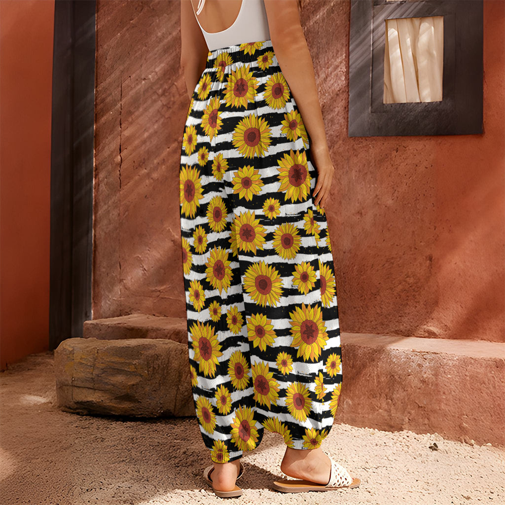 White And Black Stripe Sunflower Print Harem Pants