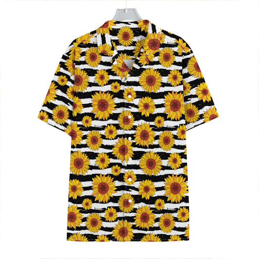 White And Black Stripe Sunflower Print Hawaiian Shirt