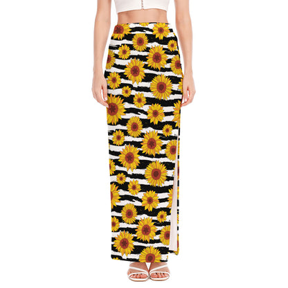 White And Black Stripe Sunflower Print High Slit Maxi Skirt