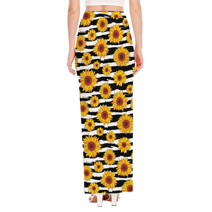 White And Black Stripe Sunflower Print High Slit Maxi Skirt