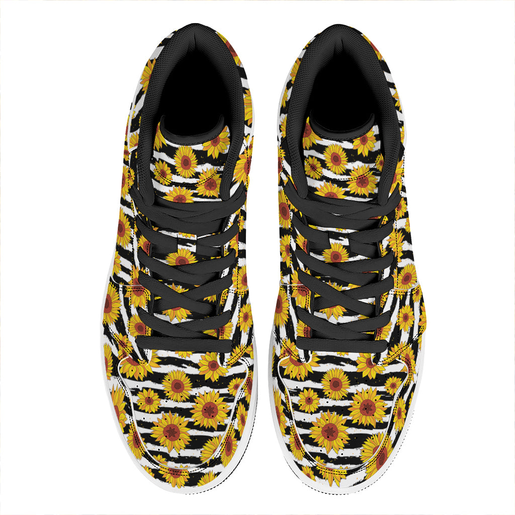 White And Black Stripe Sunflower Print High Top Leather Sneakers