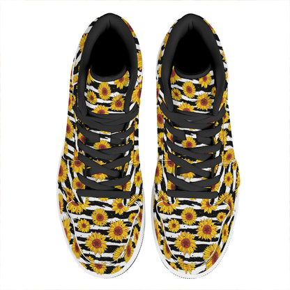 White And Black Stripe Sunflower Print High Top Leather Sneakers