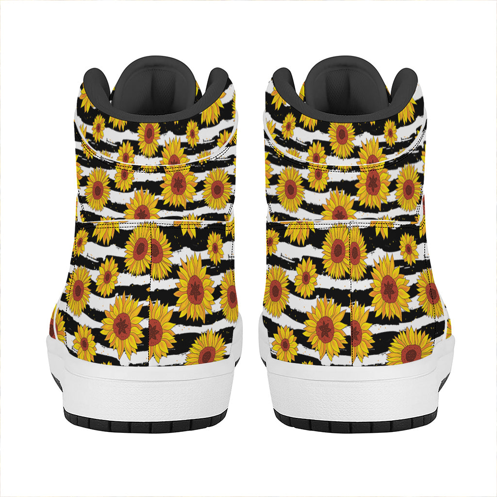 White And Black Stripe Sunflower Print High Top Leather Sneakers