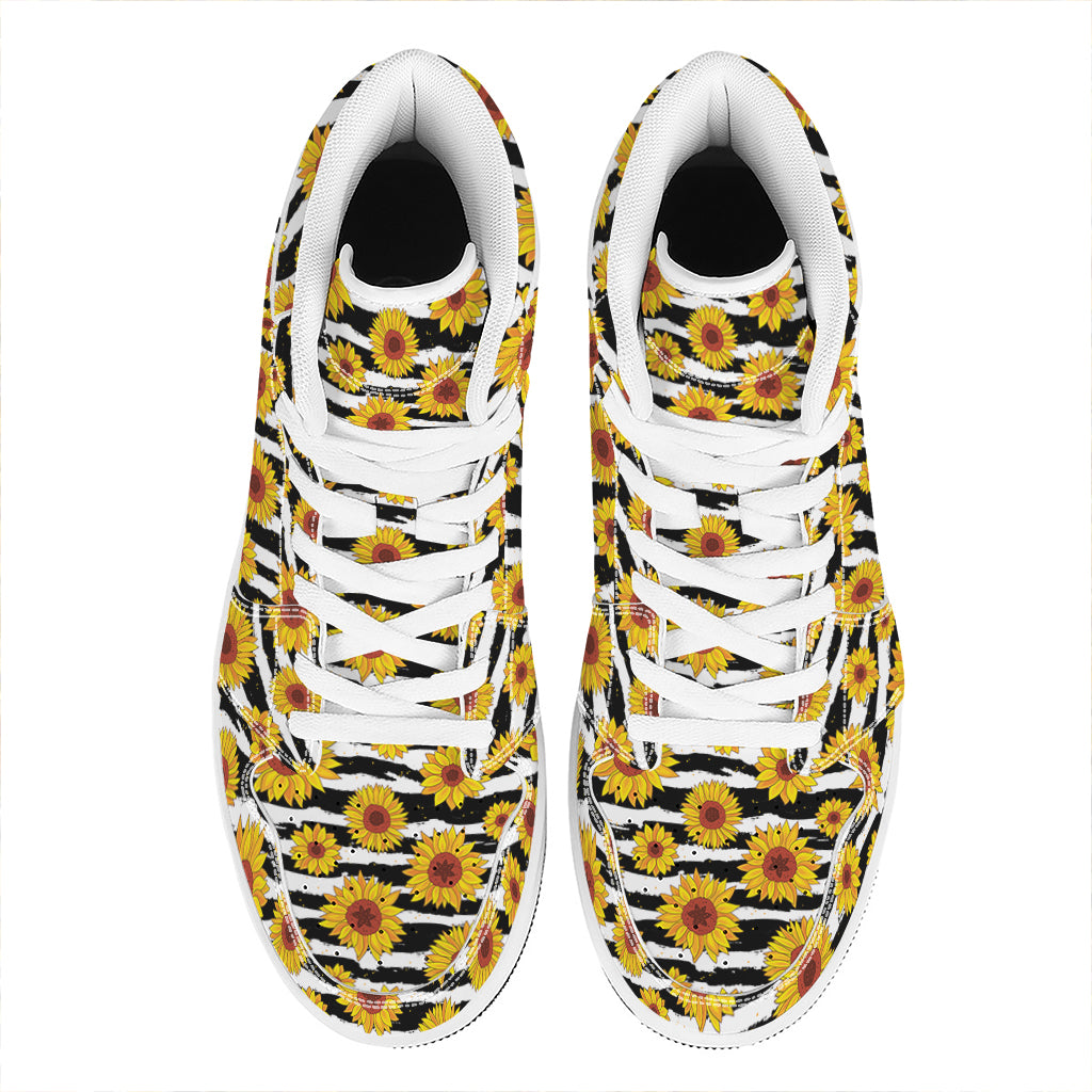 White And Black Stripe Sunflower Print High Top Leather Sneakers