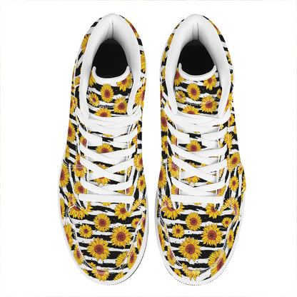 White And Black Stripe Sunflower Print High Top Leather Sneakers