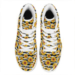 White And Black Stripe Sunflower Print High Top Leather Sneakers