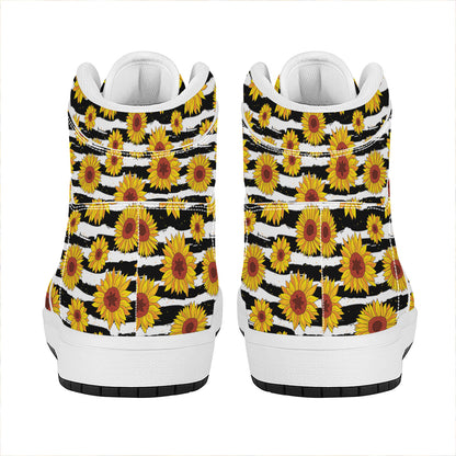 White And Black Stripe Sunflower Print High Top Leather Sneakers