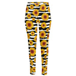 White And Black Stripe Sunflower Print High-Waisted Pocket Leggings
