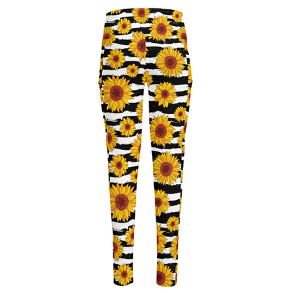 White And Black Stripe Sunflower Print High-Waisted Pocket Leggings