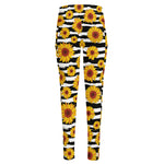 White And Black Stripe Sunflower Print High-Waisted Pocket Leggings