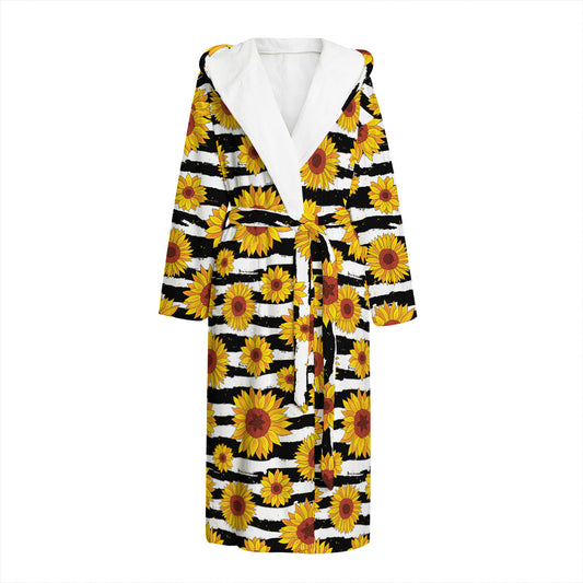 White And Black Stripe Sunflower Print Hooded Bathrobe