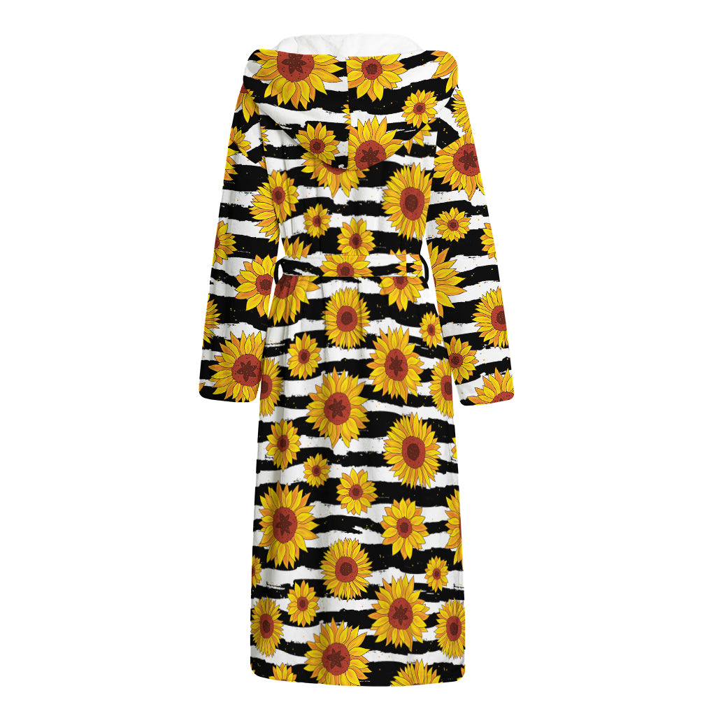 White And Black Stripe Sunflower Print Hooded Bathrobe