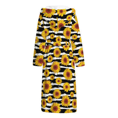 White And Black Stripe Sunflower Print Hooded Bathrobe