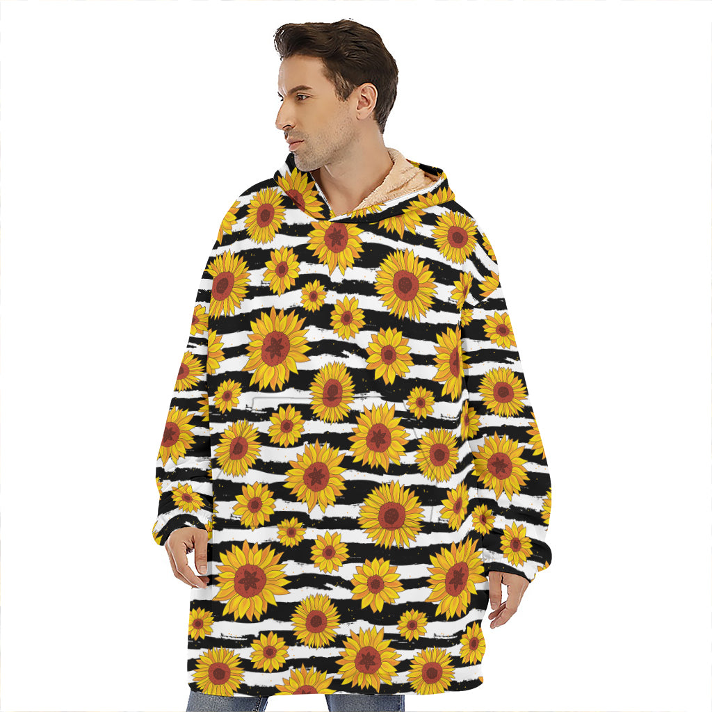 White And Black Stripe Sunflower Print Hoodie Blanket
