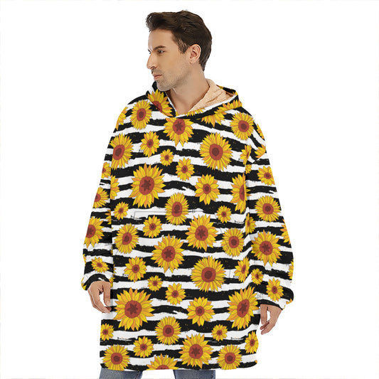 White And Black Stripe Sunflower Print Hoodie Blanket