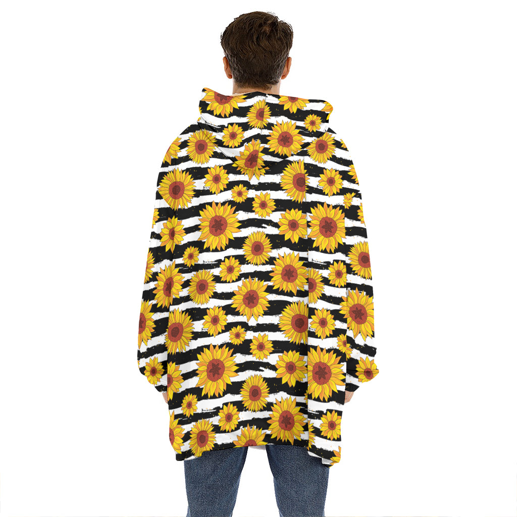 White And Black Stripe Sunflower Print Hoodie Blanket