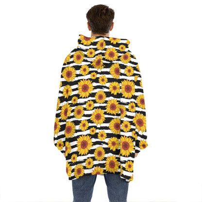 White And Black Stripe Sunflower Print Hoodie Blanket