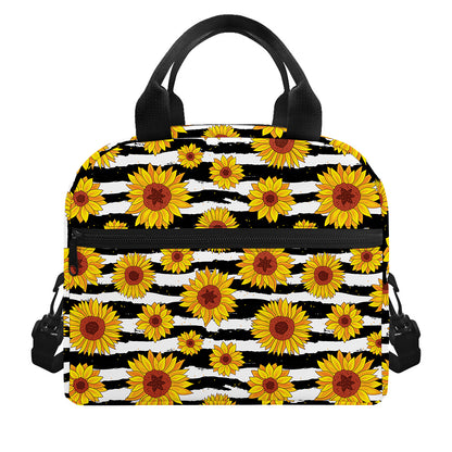 White And Black Stripe Sunflower Print Insulated Lunch Bag