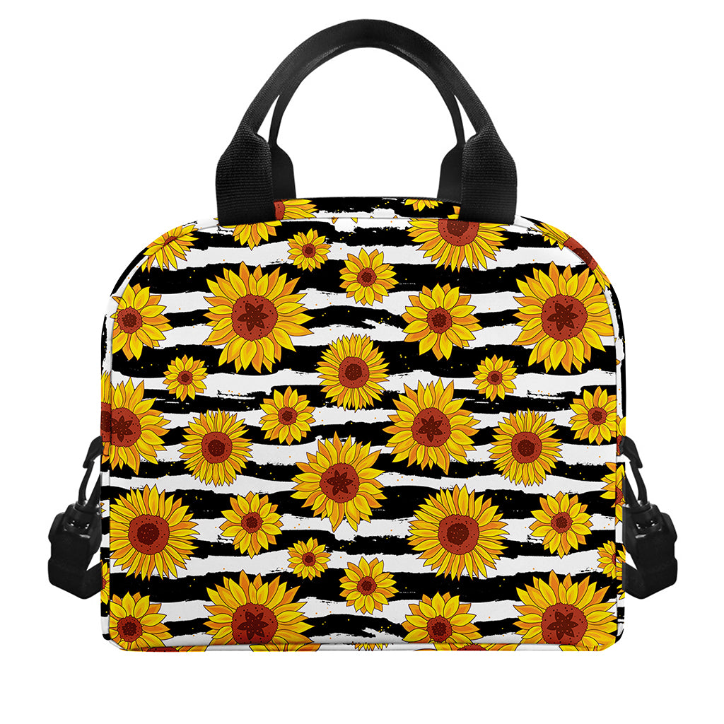 White And Black Stripe Sunflower Print Insulated Lunch Bag