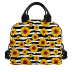 White And Black Stripe Sunflower Print Insulated Lunch Bag