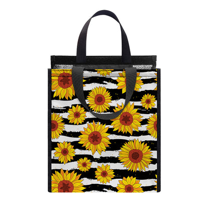 White And Black Stripe Sunflower Print Insulated Lunch Tote
