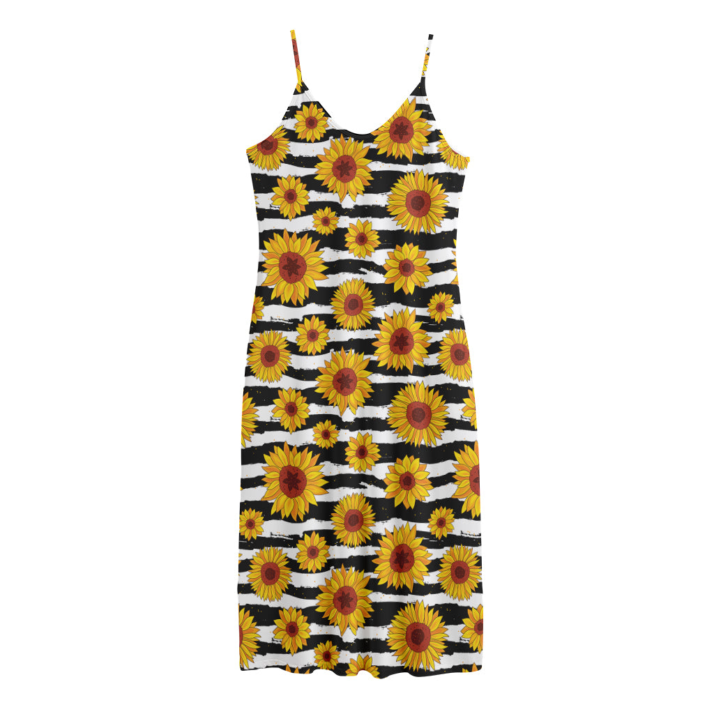 White And Black Stripe Sunflower Print Jersey Midi Cami Dress