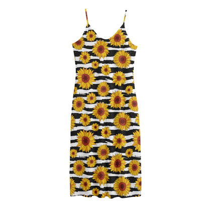 White And Black Stripe Sunflower Print Jersey Midi Cami Dress
