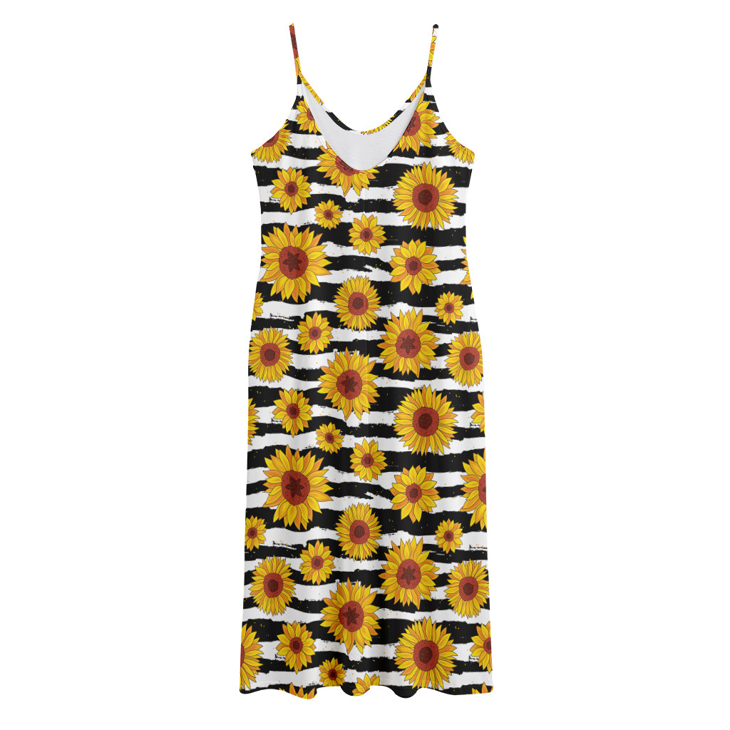 White And Black Stripe Sunflower Print Jersey Midi Cami Dress