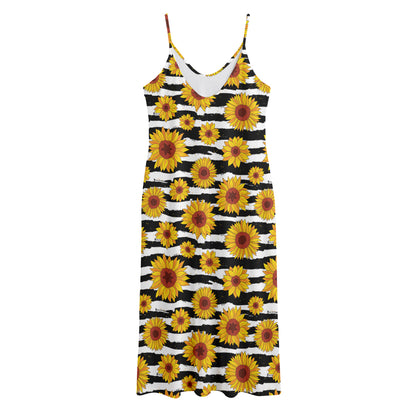 White And Black Stripe Sunflower Print Jersey Midi Cami Dress