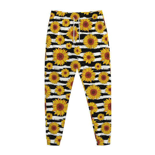 White And Black Stripe Sunflower Print Jogger Pants