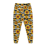 White And Black Stripe Sunflower Print Jogger Pants