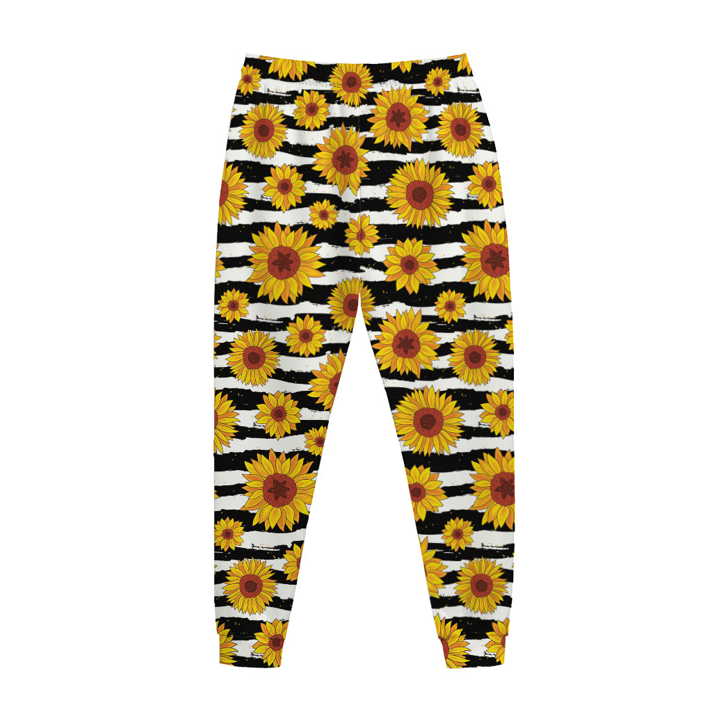 White And Black Stripe Sunflower Print Jogger Pants
