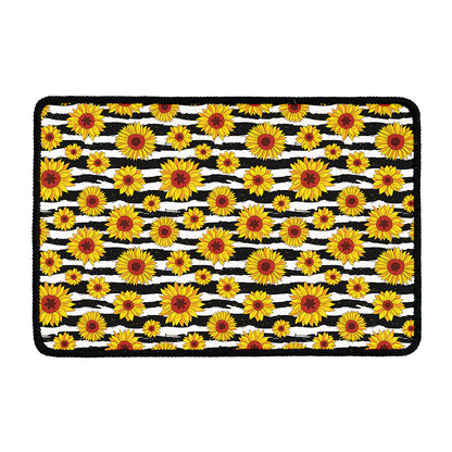 White And Black Stripe Sunflower Print Kitchen Mat