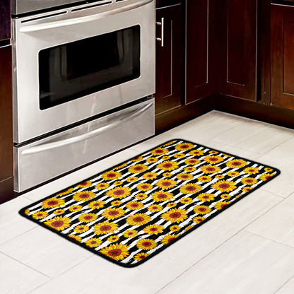 White And Black Stripe Sunflower Print Kitchen Mat