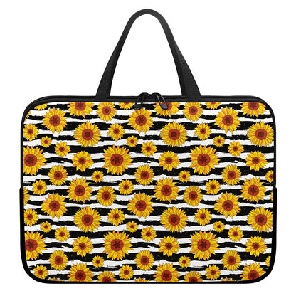 White And Black Stripe Sunflower Print Laptop Sleeve With Handle
