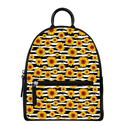 White And Black Stripe Sunflower Print Leather Backpack