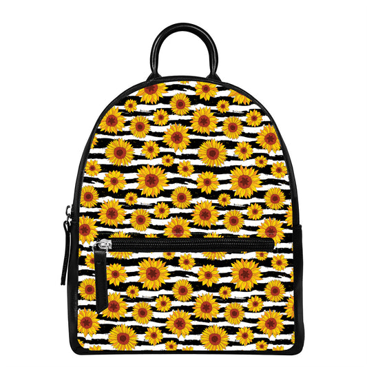 White And Black Stripe Sunflower Print Leather Backpack
