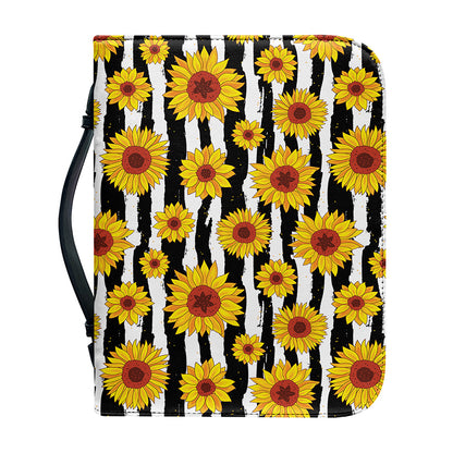 White And Black Stripe Sunflower Print Leather Bible Cover