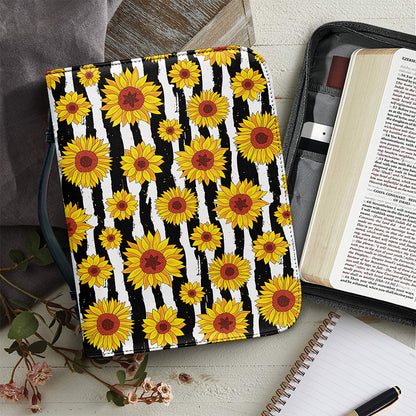 White And Black Stripe Sunflower Print Leather Bible Cover