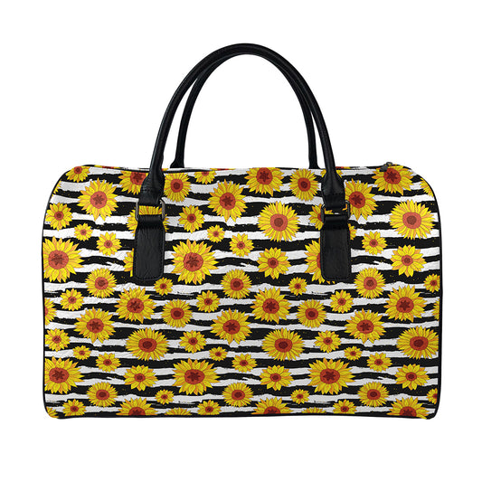 White And Black Stripe Sunflower Print Leather Duffle Bag