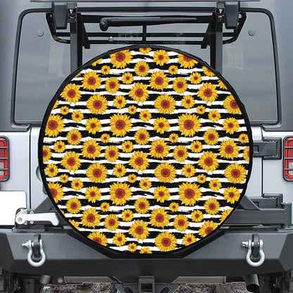 White And Black Stripe Sunflower Print Leather Spare Tire Cover