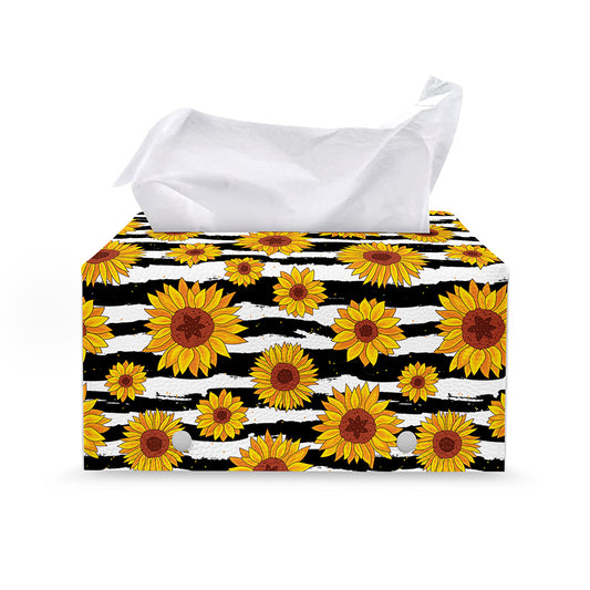White And Black Stripe Sunflower Print Leather Tissue Box Cover