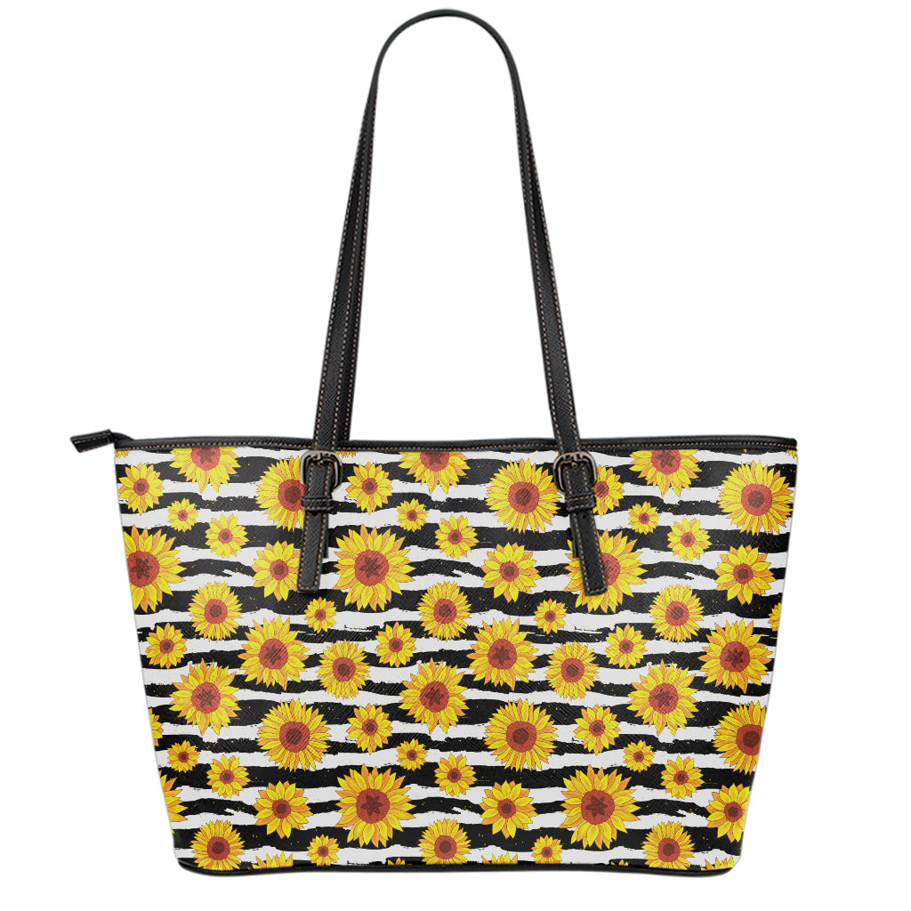 White And Black Stripe Sunflower Print Leather Tote Bag