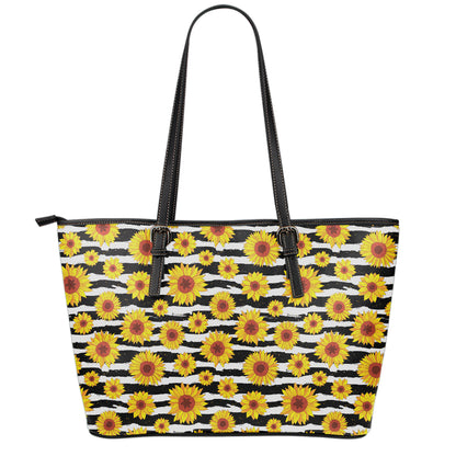 White And Black Stripe Sunflower Print Leather Tote Bag