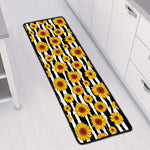 White And Black Stripe Sunflower Print Long Kitchen Mat