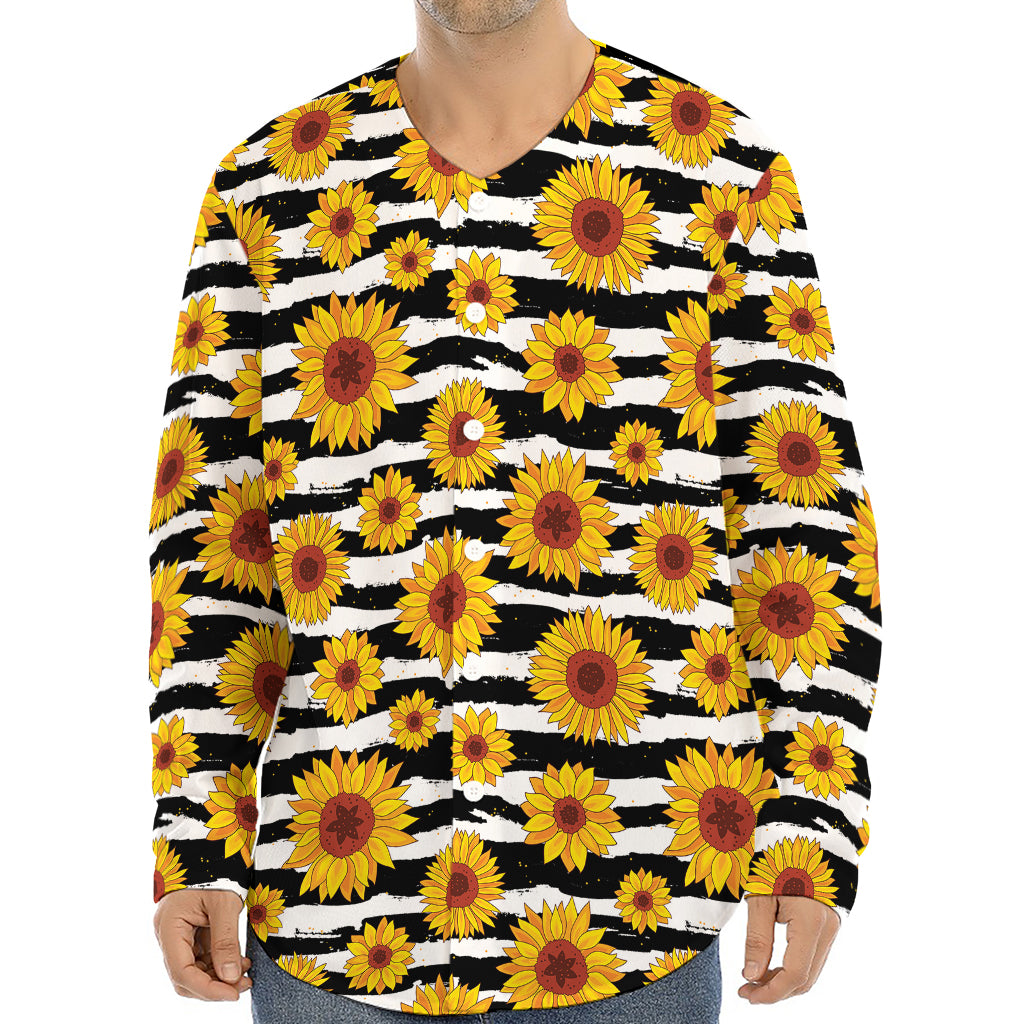 White And Black Stripe Sunflower Print Long Sleeve Baseball Jersey